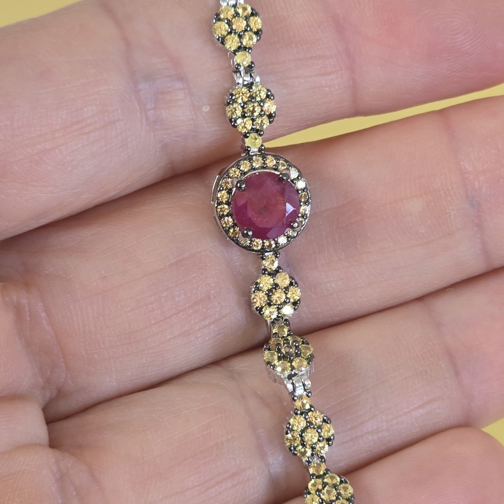 925 Sterling Silver Bracelet 9"(adjustable) with Round Ruby 7mm & Sapphire Gems